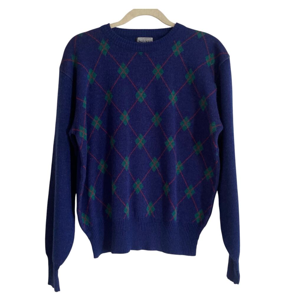 Vintage 90s City Streets Blue Green Argyle Knit Crew Neck Preppy Sweater Medium